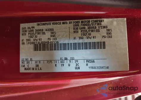 1999 Ford E-150 Commercial/Recreational from USA, damaged, VIN 1FDRE14L8XHB48536